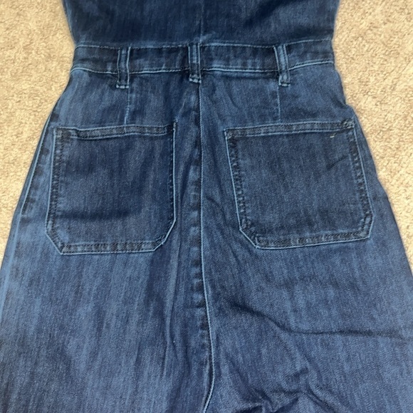 We Wore What Dark Wash Flare Denim Jumpsuit 70’s Boho Zip Up Collared XS - Picture 11 of 15